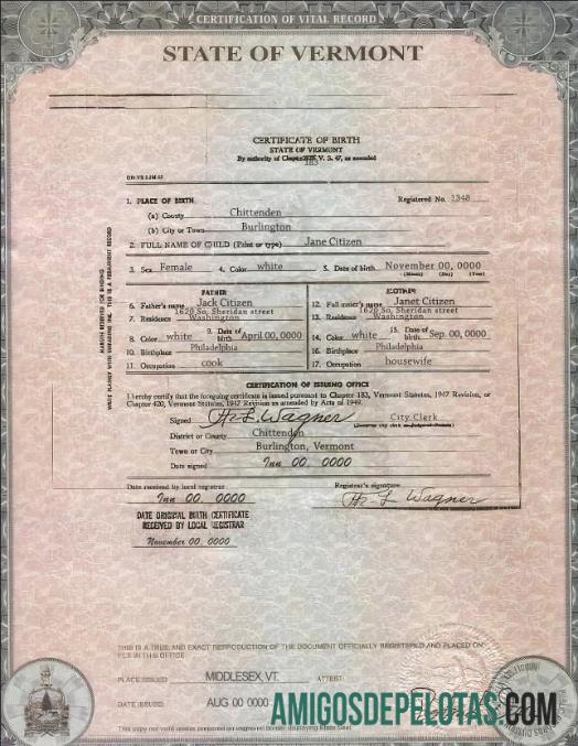 Imprimível modelo de certidão de nascimento do estado de Vermont nos EUA em formato PSD